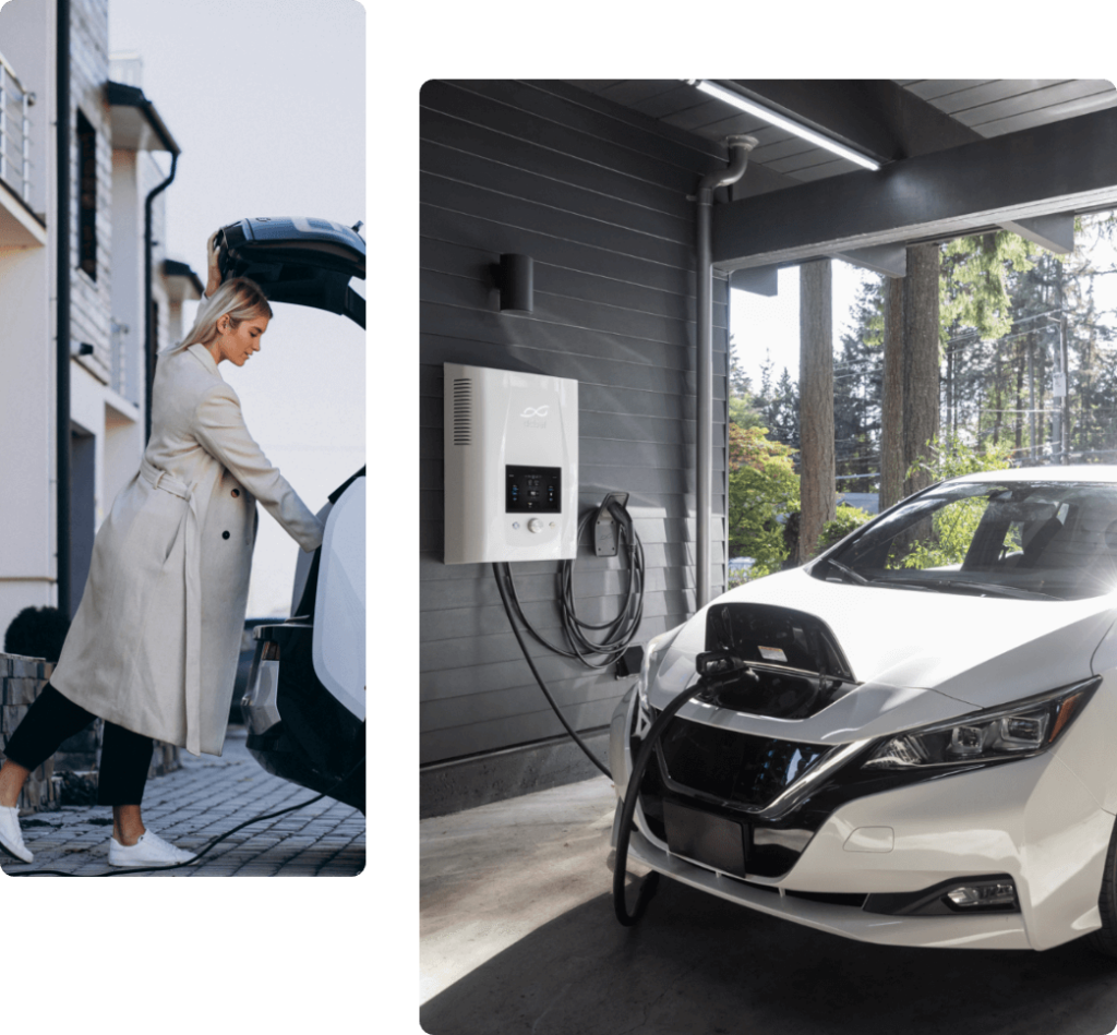Frau lädt Elektrofahrzeug in heimischer Garage Frau lädt Elektrofahrzeug in heimischer Garage