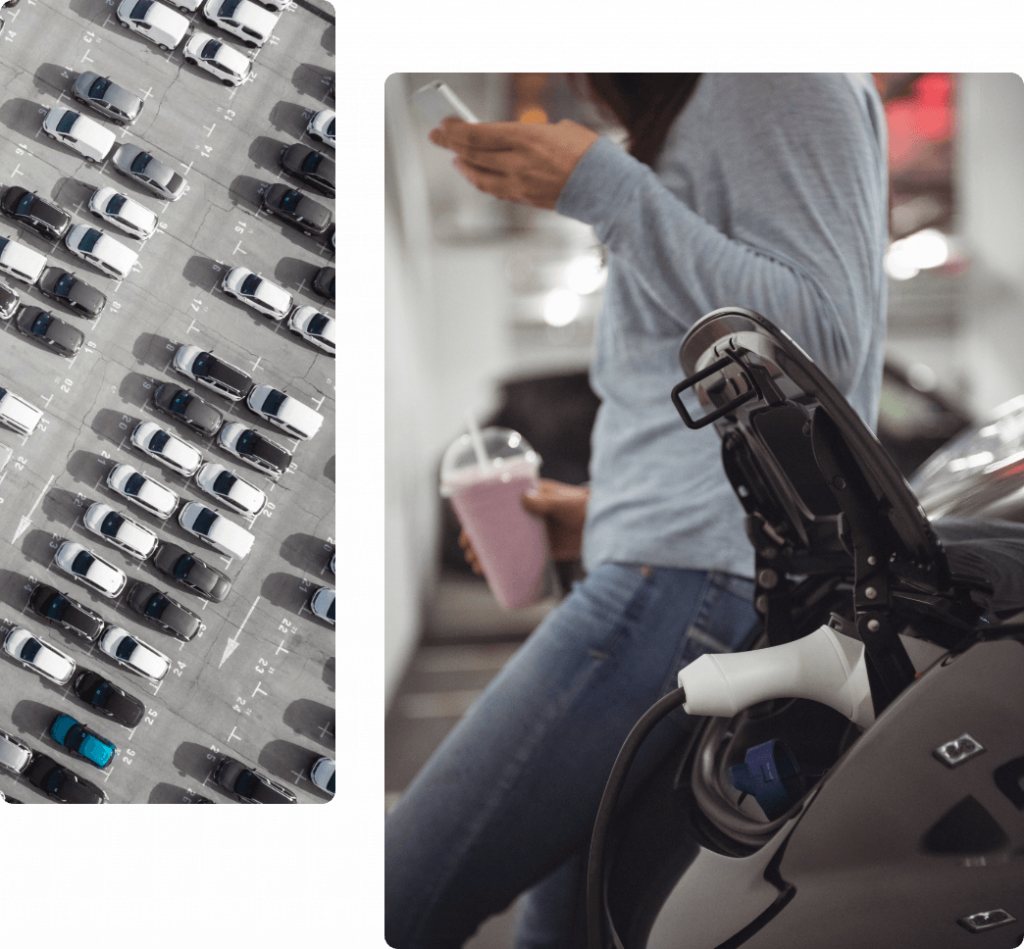 Person, die ihr Auto in einem Parkhaus auflädt Person, die ihr Auto in einem Parkhaus auflädt