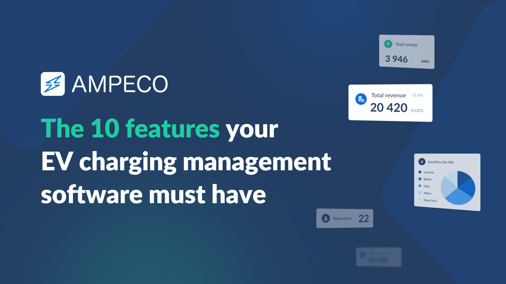 The 10 must-have EV charging software features - At AMPECO, we have the privilege of supporting companies, energy utilities, charge point operators, installers, and emobility providers worldwide in launching and scaling their EV charging business. This gives us a unique perspective on the key features your EV charging software should have and what you should consider when choosing your software provider. In our latest ebook, we have narrowed down the 10 most important software features and industry insights.