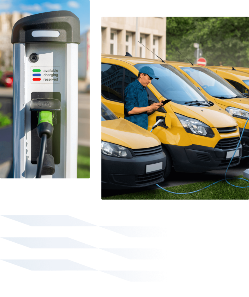 collage electric vehicle fleet and charger closup collage electric vehicle fleet and charger closup