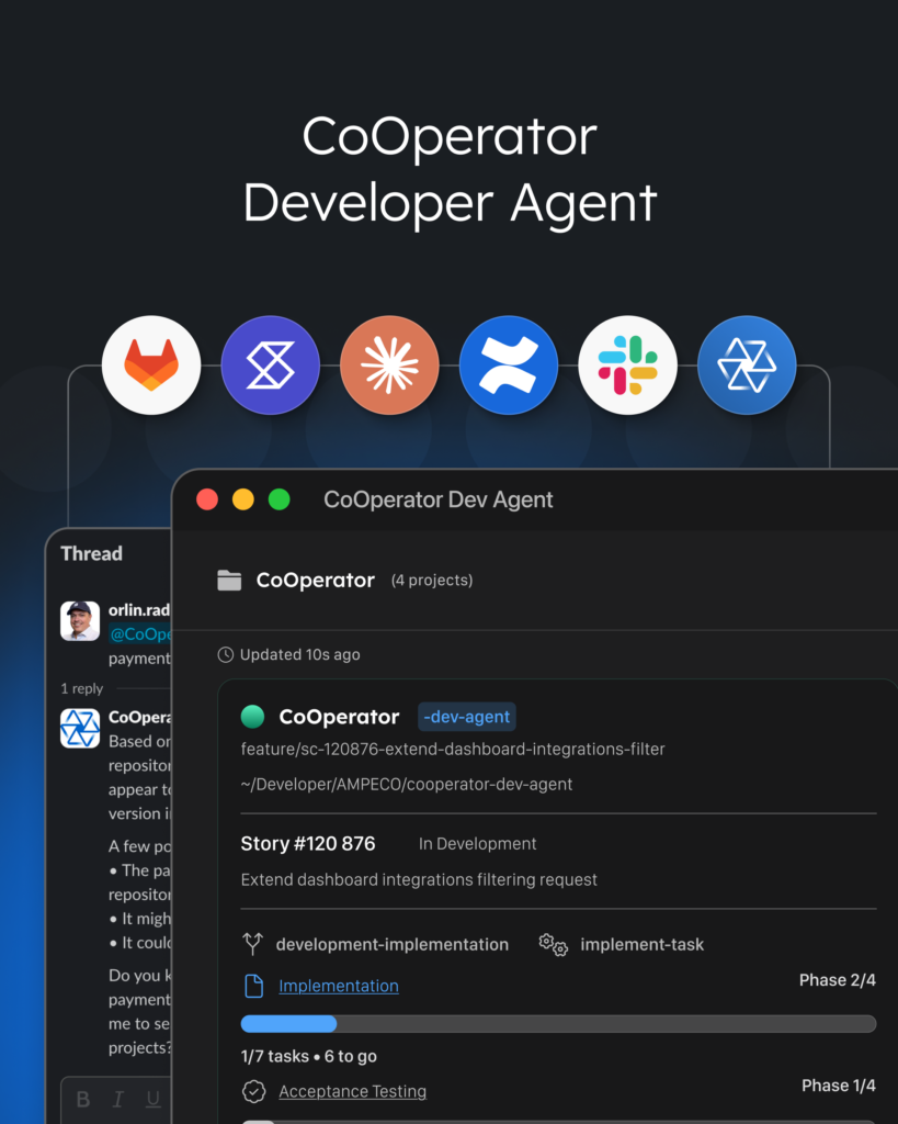 AMPECO et l'IA native : une innovation plus rapide, sans compromis, pour la recharge VE - Nous avons codifié l'ensemble de notre workflow autour de ce principe. Le résultat est le CoOperator Dev Agent : un système de gestion de workflow où l'IA gère l'exécution pendant que les ingénieurs dirigent l'architecture et valident la qualité. Pour le plan technique de la façon dont nous avons construit le CoOperator Dev Agent, consultez l'analyse approfondie de notre CTO, Alexander Alexiev, dans How We Built An AI-Native Engineering System.