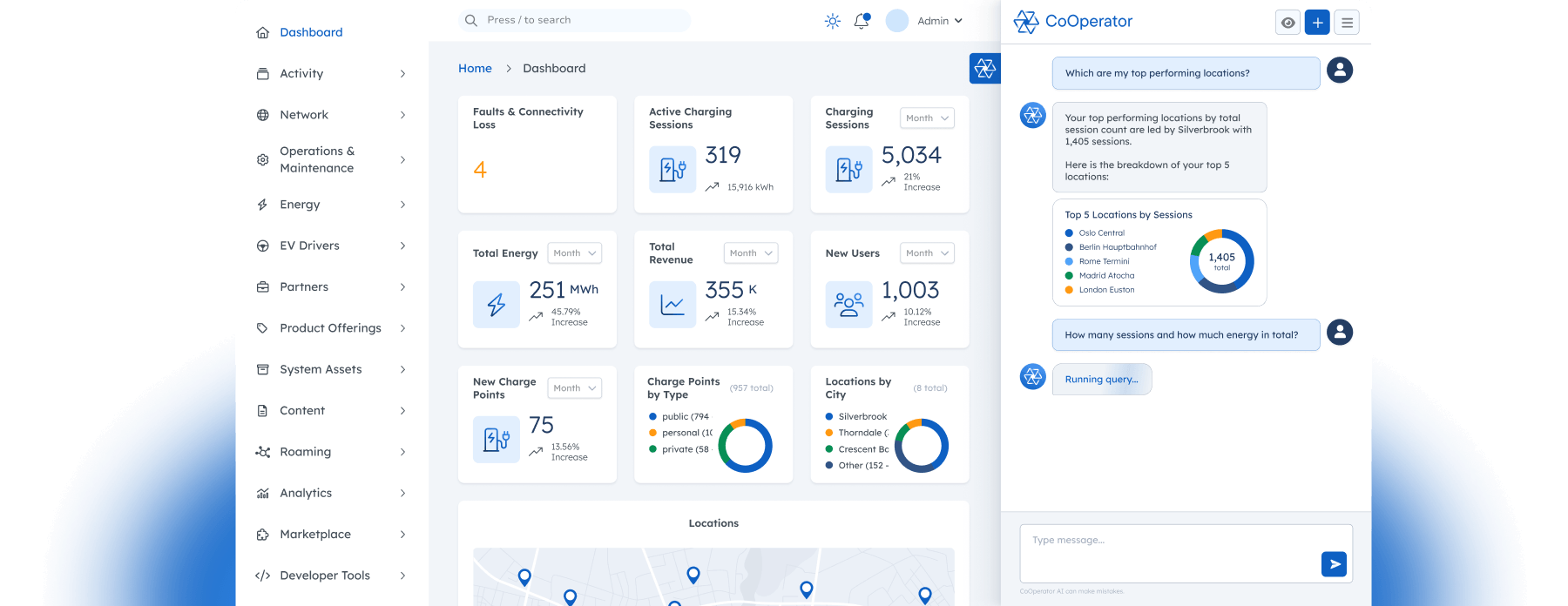 CoOperator - AI Agent for EV Charging Operations - You're already running a powerful network on AMPECO. CoOperator takes it further. Your embedded AI expert that understands your network, acts on your behalf, and keeps you in control at every step.