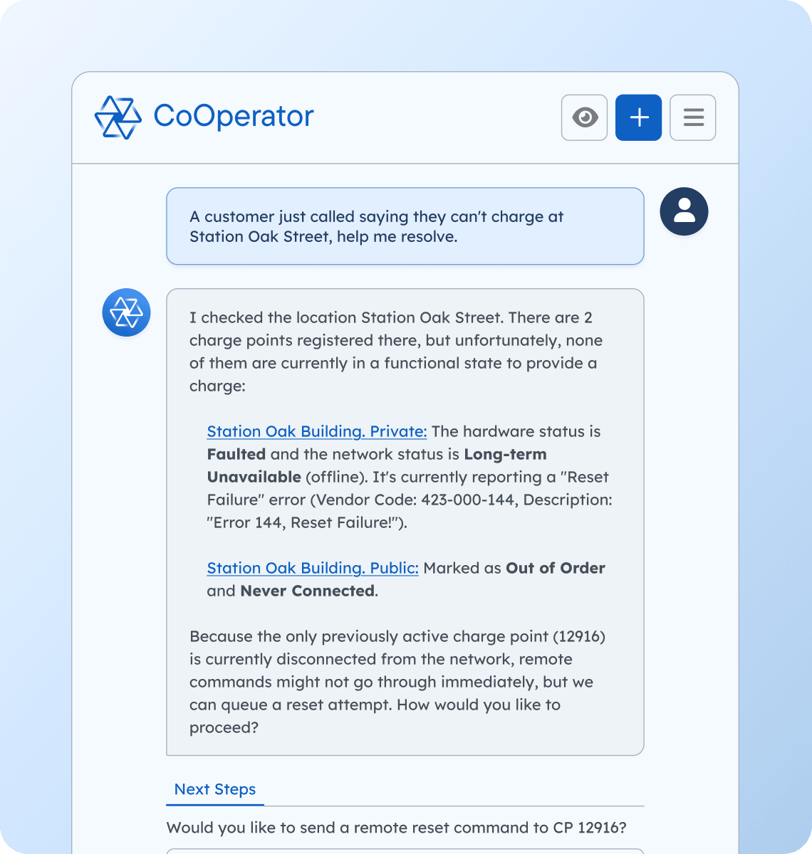 CoOperator - AI Agent for EV Charging Operations - You're already running a powerful network on AMPECO. CoOperator takes it further. Your embedded AI expert that understands your network, acts on your behalf, and keeps you in control at every step.