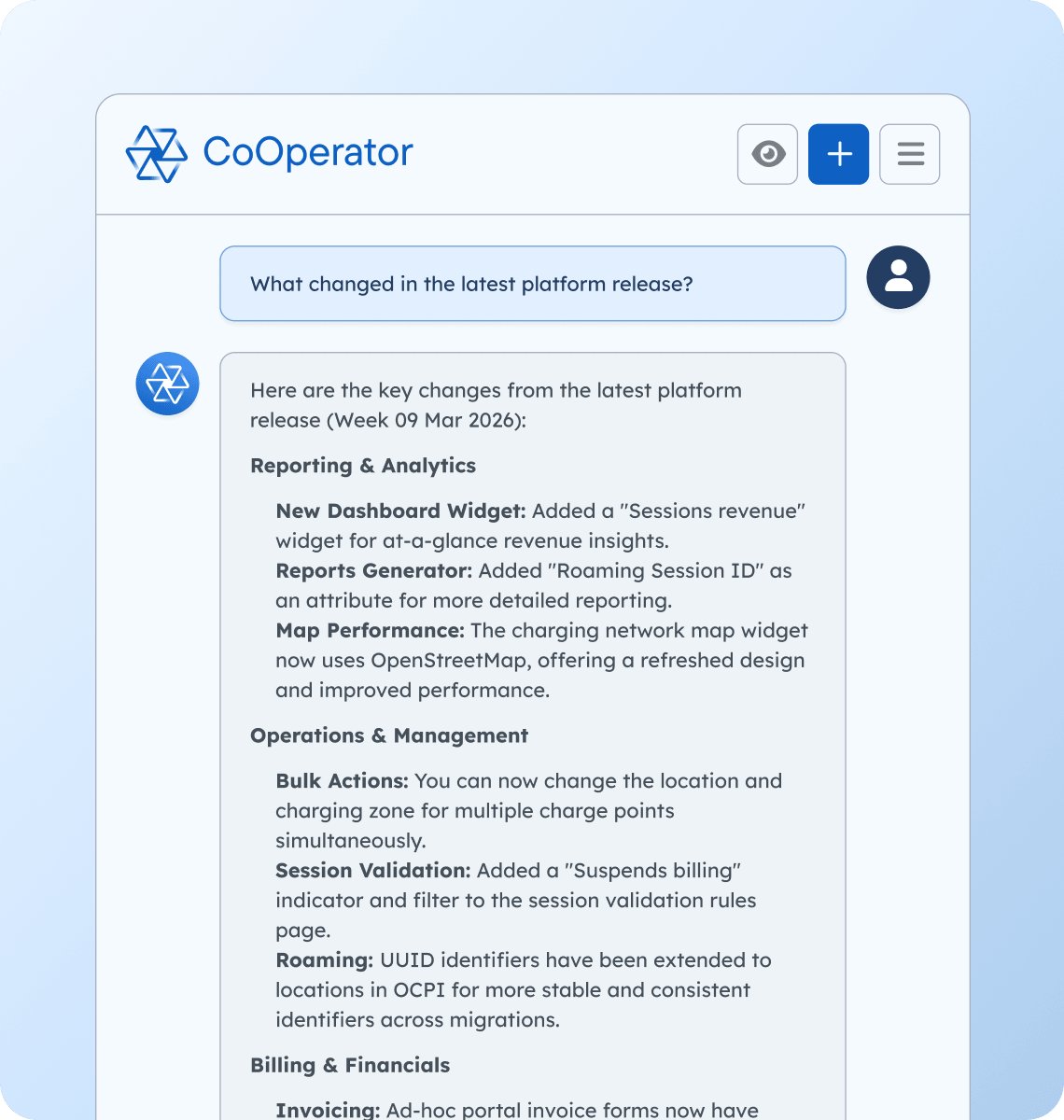 CoOperator - AI Agent for EV Charging Operations - You're already running a powerful network on AMPECO. CoOperator takes it further. Your embedded AI expert that understands your network, acts on your behalf, and keeps you in control at every step.