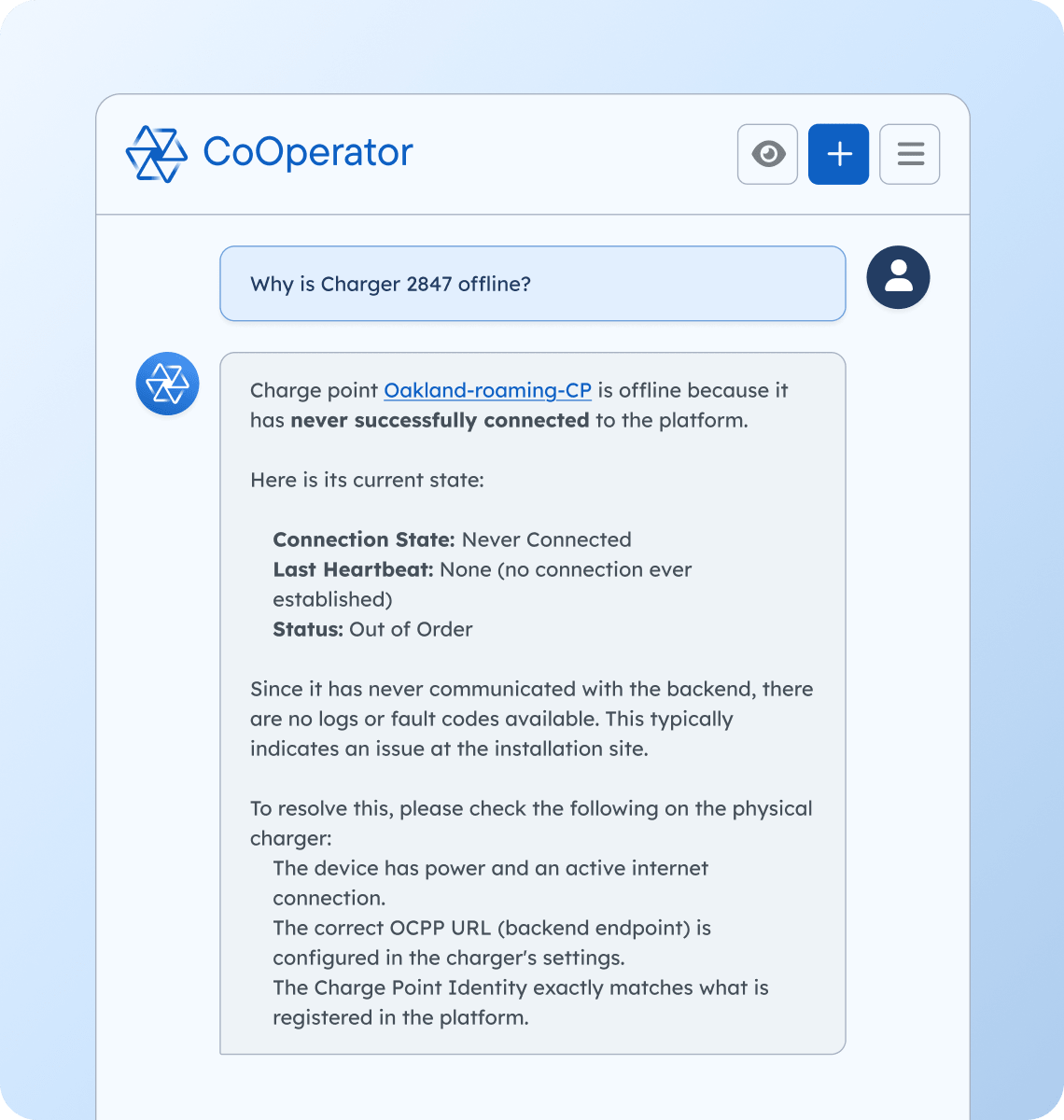 CoOperator - AI Agent for EV Charging Operations - You're already running a powerful network on AMPECO. CoOperator takes it further. Your embedded AI expert that understands your network, acts on your behalf, and keeps you in control at every step.
