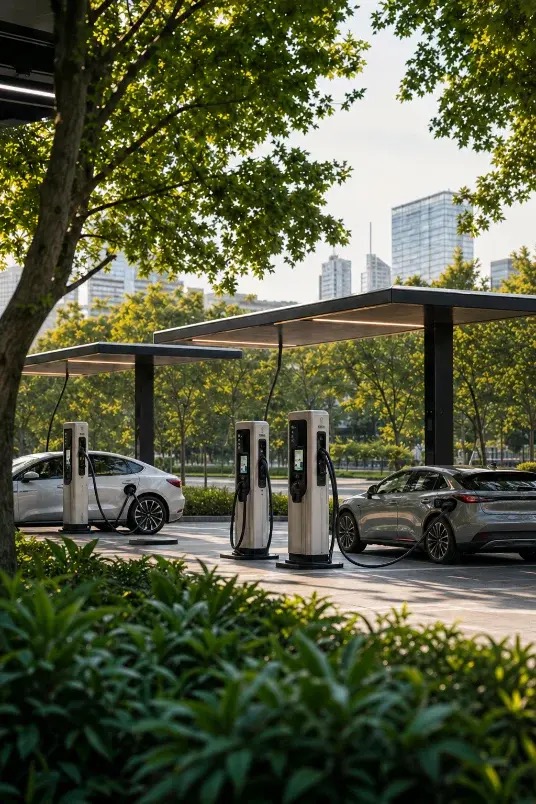 EV-Ladestation auf einem begrünten städtischen Platz