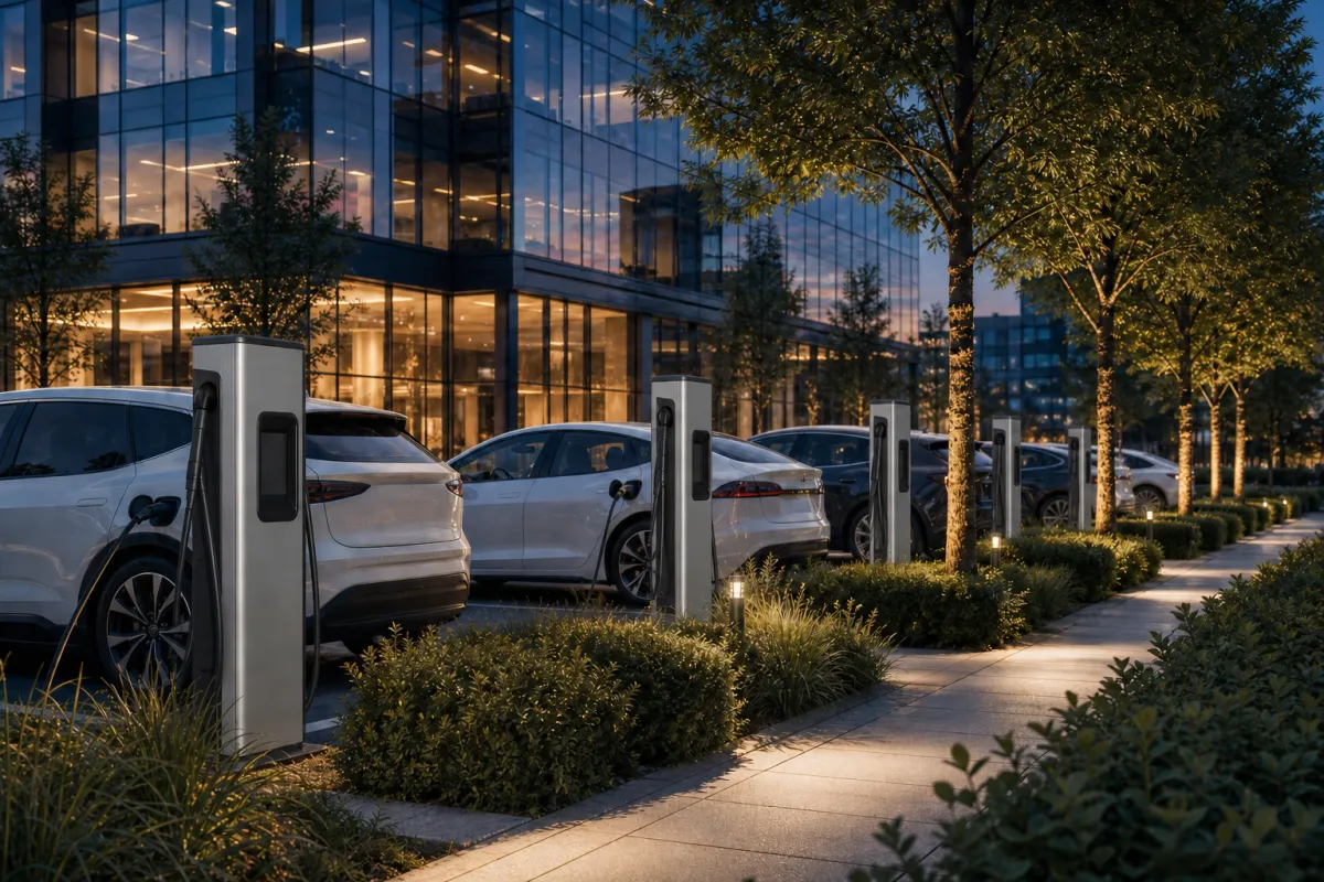 Commercial EV charging points outside a glass office building at dusk