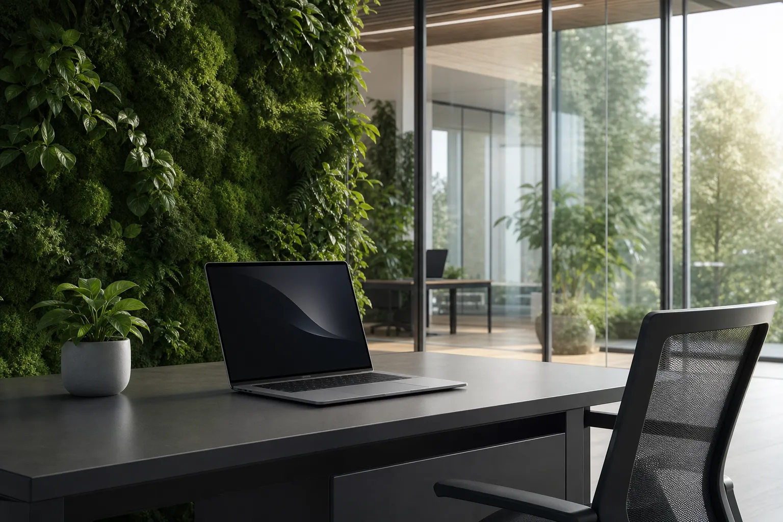 A laptop on a desk beside a living green wall in a modern office