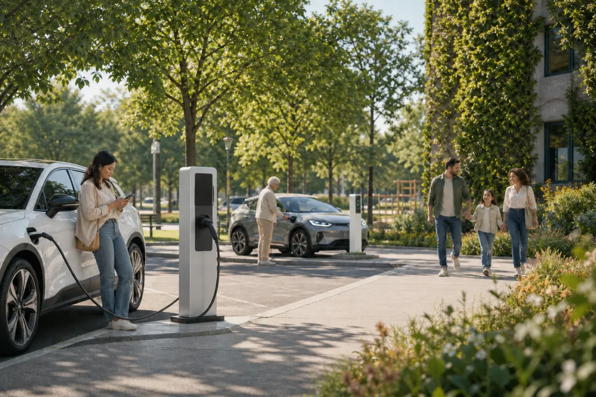 A driver charging an electric vehicle at a public charge point