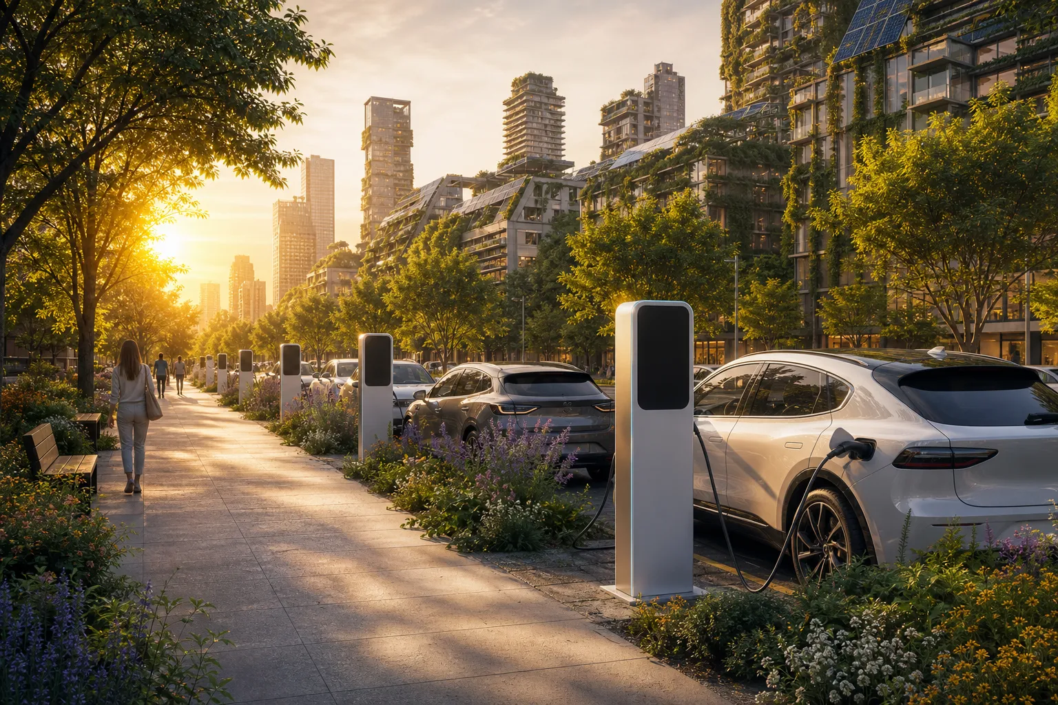 A green, tree-lined city street at dawn with EV chargers and solar-clad buildings