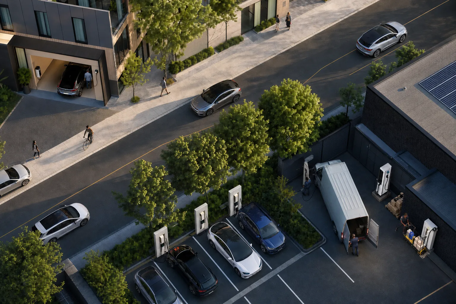 People charging electric vehicles along a tree-lined urban streetscape at golden hour